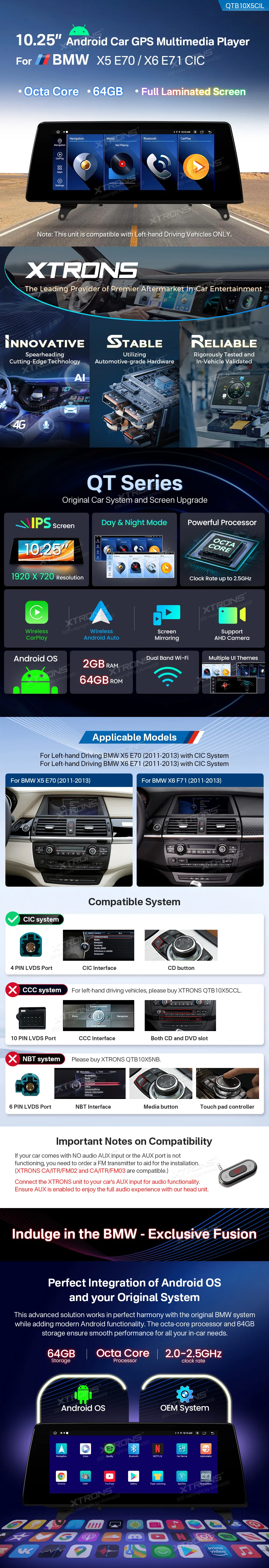 BMW X5 E70 X6 E71 CIC | Android OS | 10.25 inch | 2GB/64GB/8Core | Multimedija Xtrons QTB10X5CIL